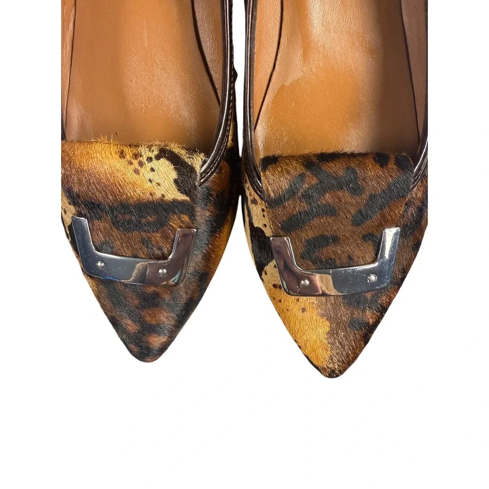 Donald J Pliner Leopard Calf Hair Wedge Pumps Pointed Toe Buckle Brown Womens